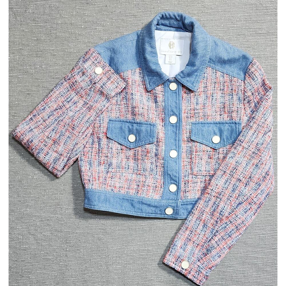 House of Harlow 1960 Womens Cropped Tweed Jacket Denim Trim Size S